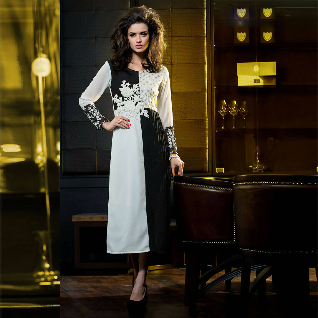 Blue & Black Georgette Floral Embroidered A-line Kurti - Missy - Distacart