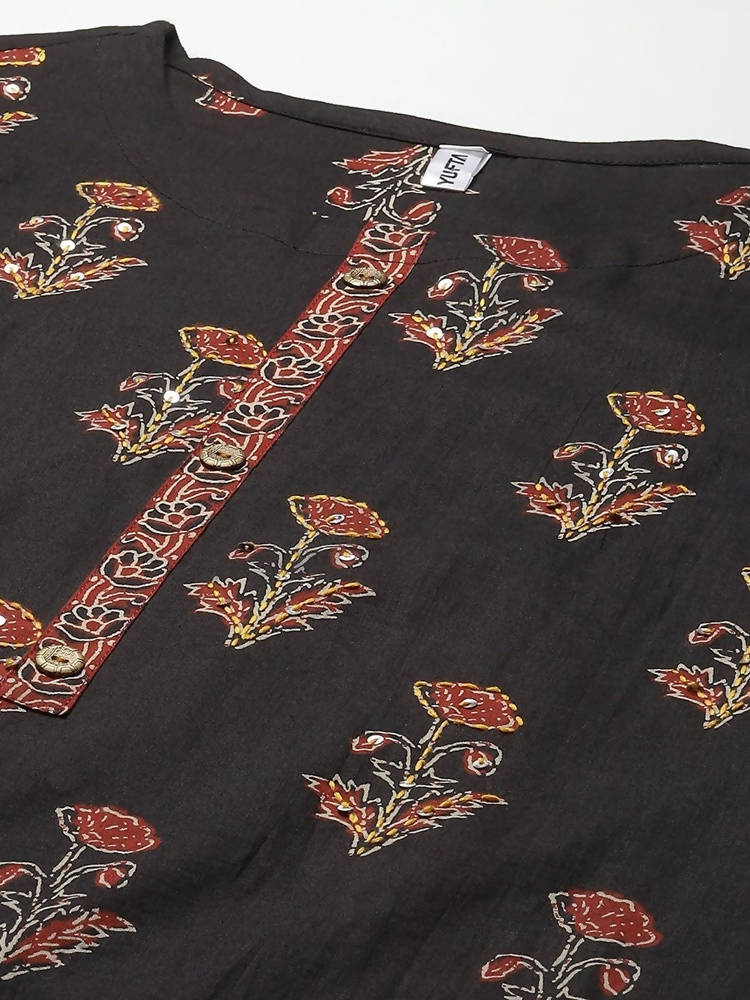 Yufta Women Black & Rust Brown Ethnic Motifs Printed Kantha Work Pure Cotton Kurta Set