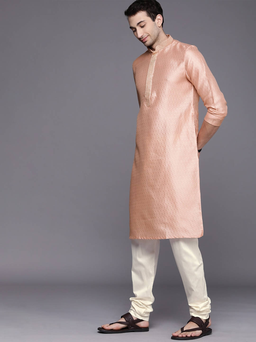 Manyavar Men Peach-Colored Regular Kurta with Pyjamas - Distacart