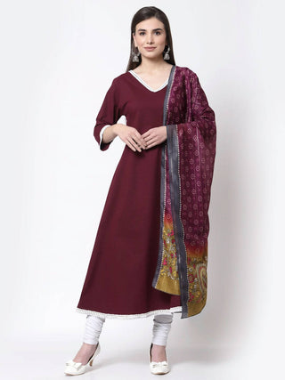 Myshka Burgandy Printed Cotton Full Sleeve V Neck Casual Kurta Dupatta Set