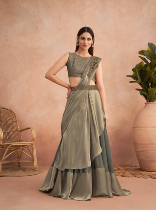 Green Satin Embroidered Ready To Wear Saree With Unstitched Blouse Piece - Nandika - Distacart