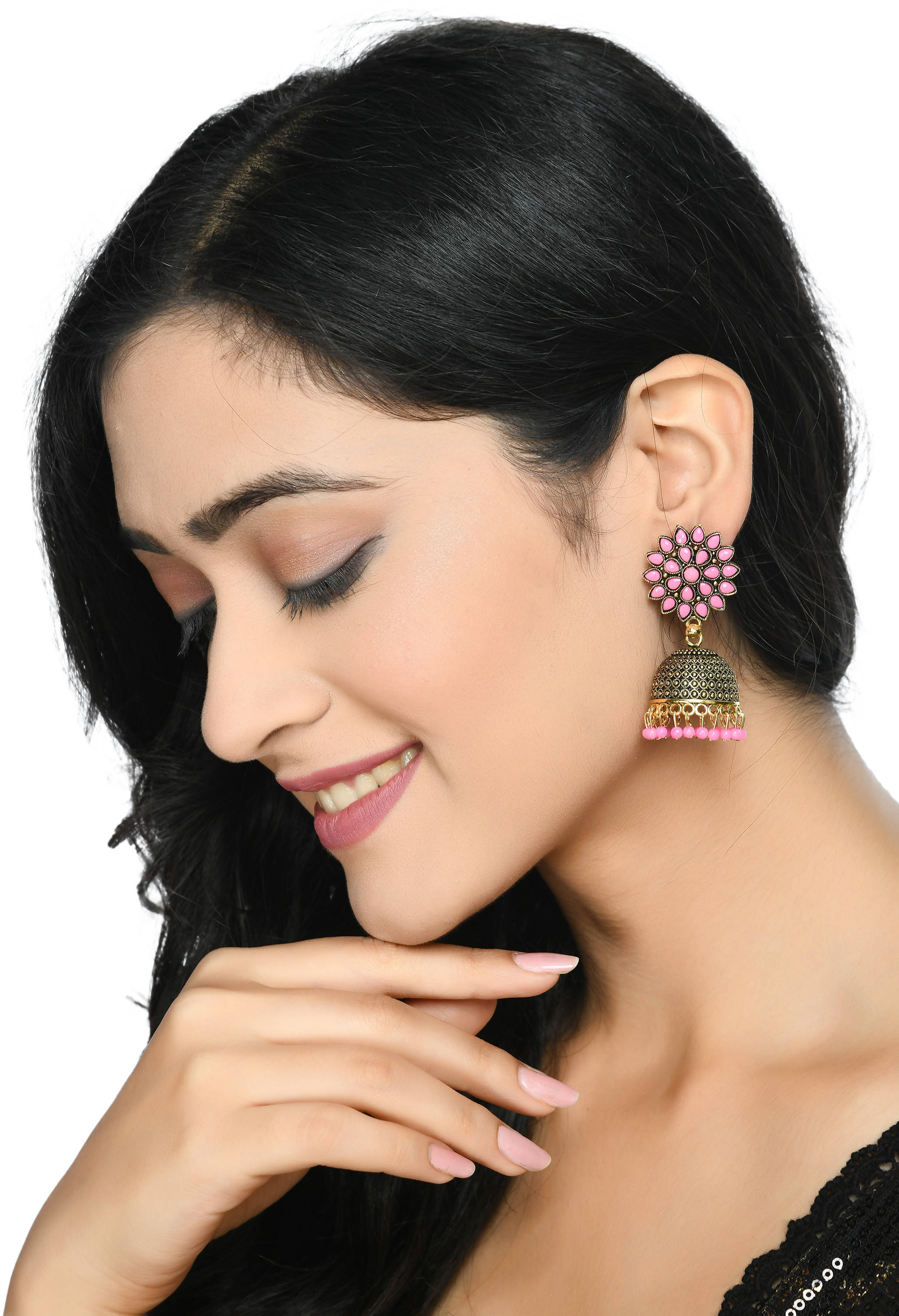Mominos Fashion Johar Kamal Beautiful Kundan Work Jhumka With Baby Pink Beads - Distacart