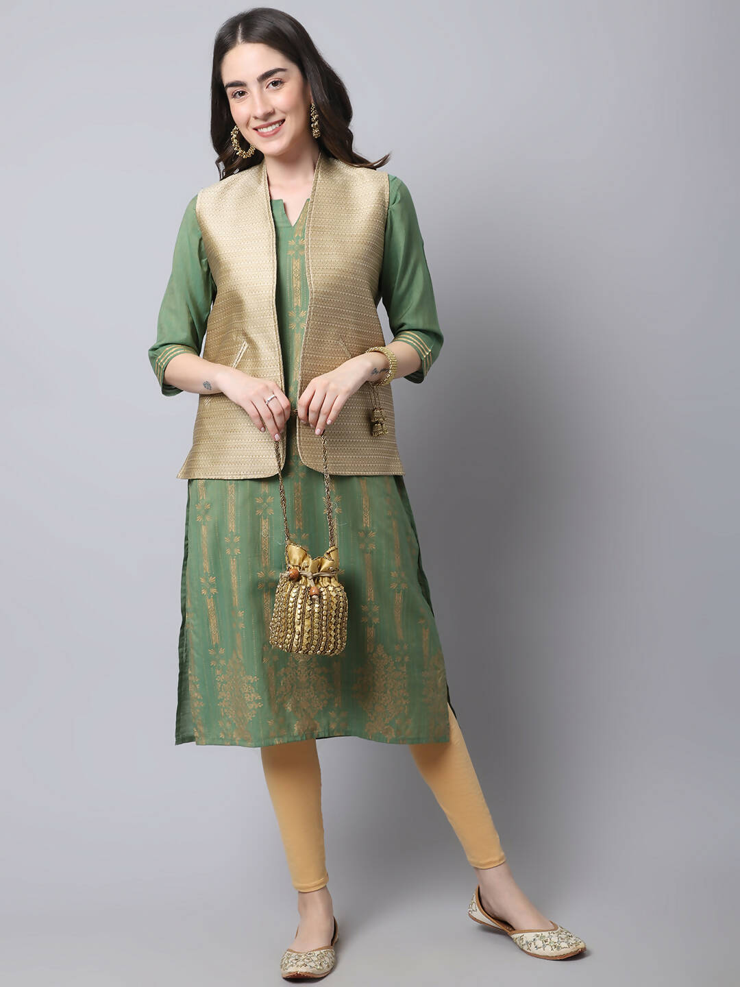 Even Apparels Beige Bansari Silk Open Front Gillet - Distacart