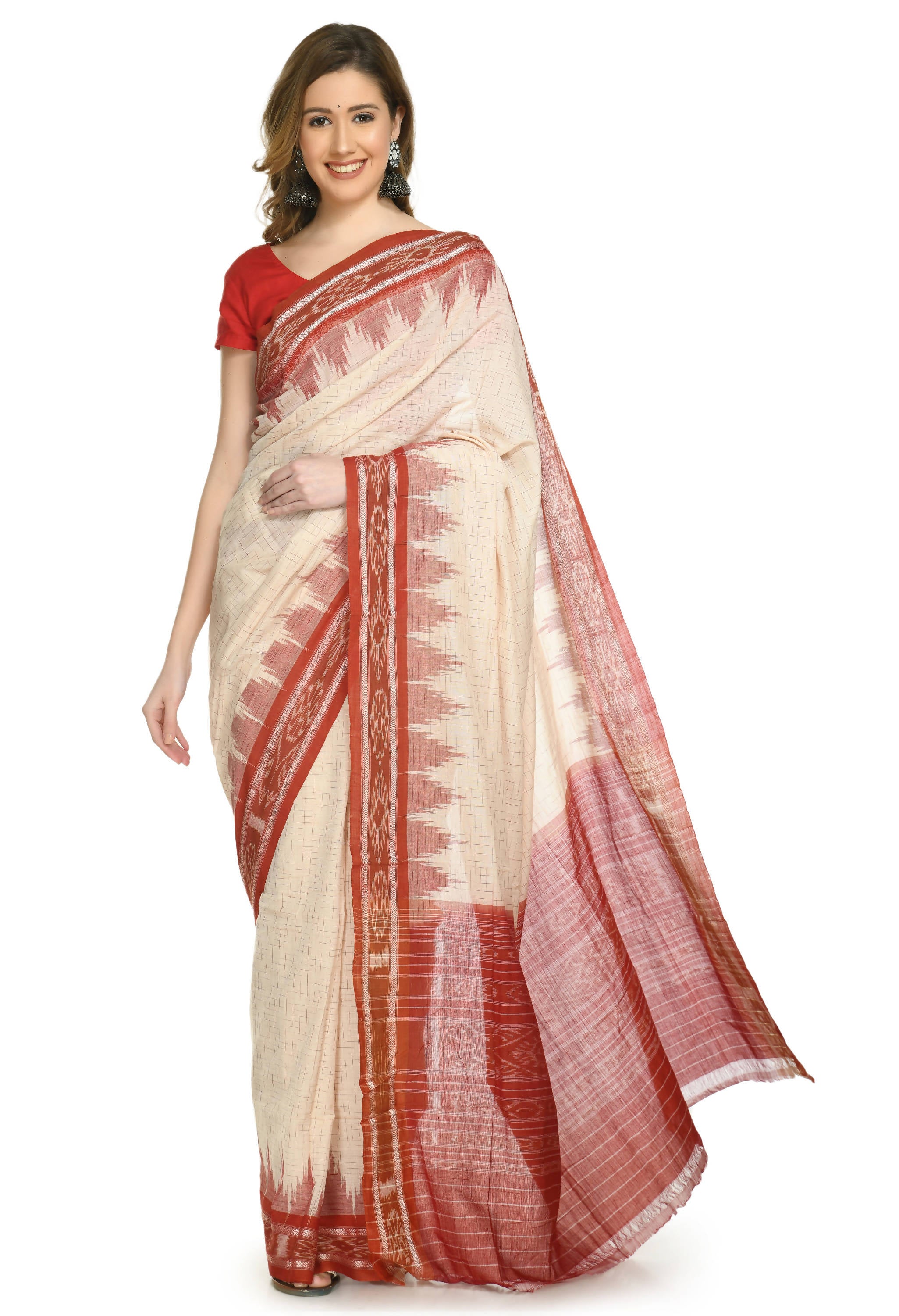 Vamika Sambalpuri Ikat Cotton Jharana Tasrite & Maroon Saree - Distacart