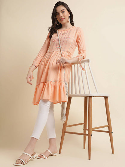 Peach Poly Cotton Yoke Embroidered A-line Top - Tarini - Distacart