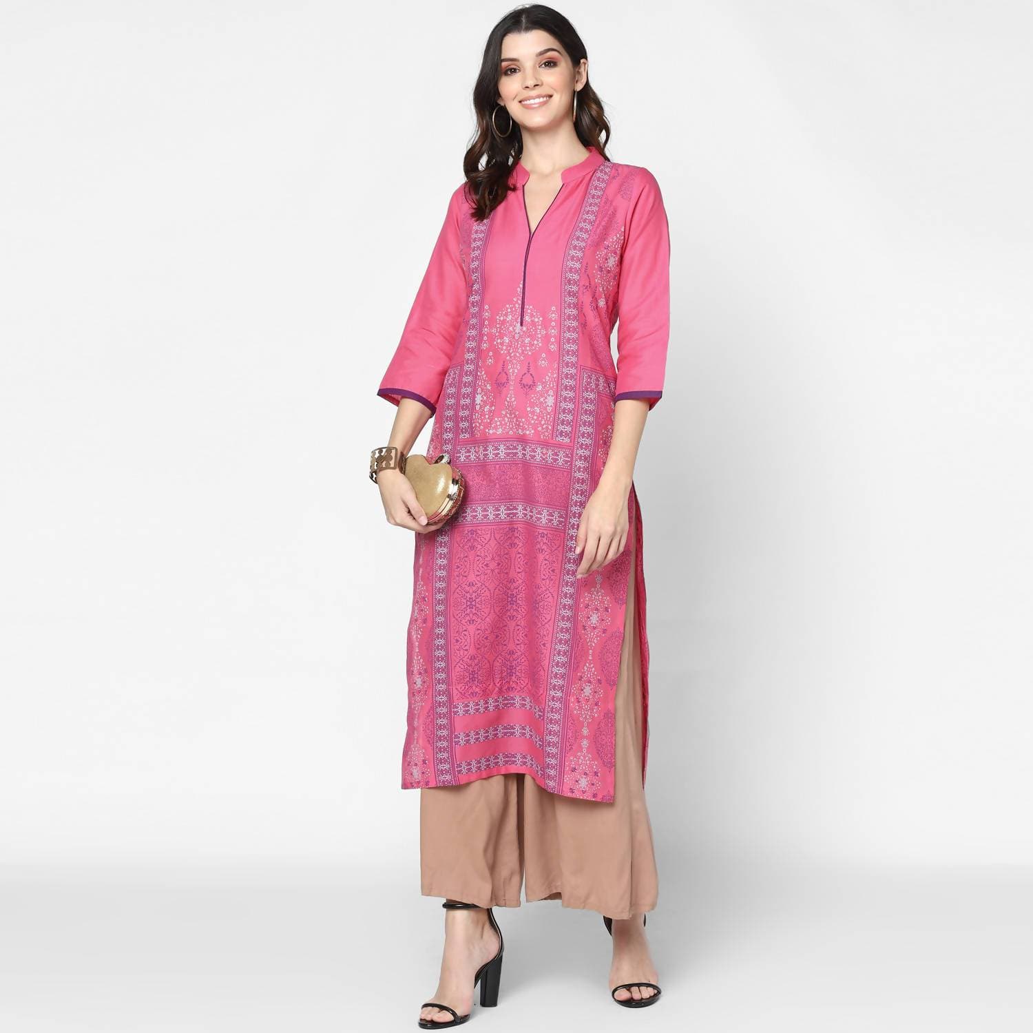 Cheera Hand Block Print Baby Pink & Skin Color Straight Kurta With Palazzo (MAAI-074K)