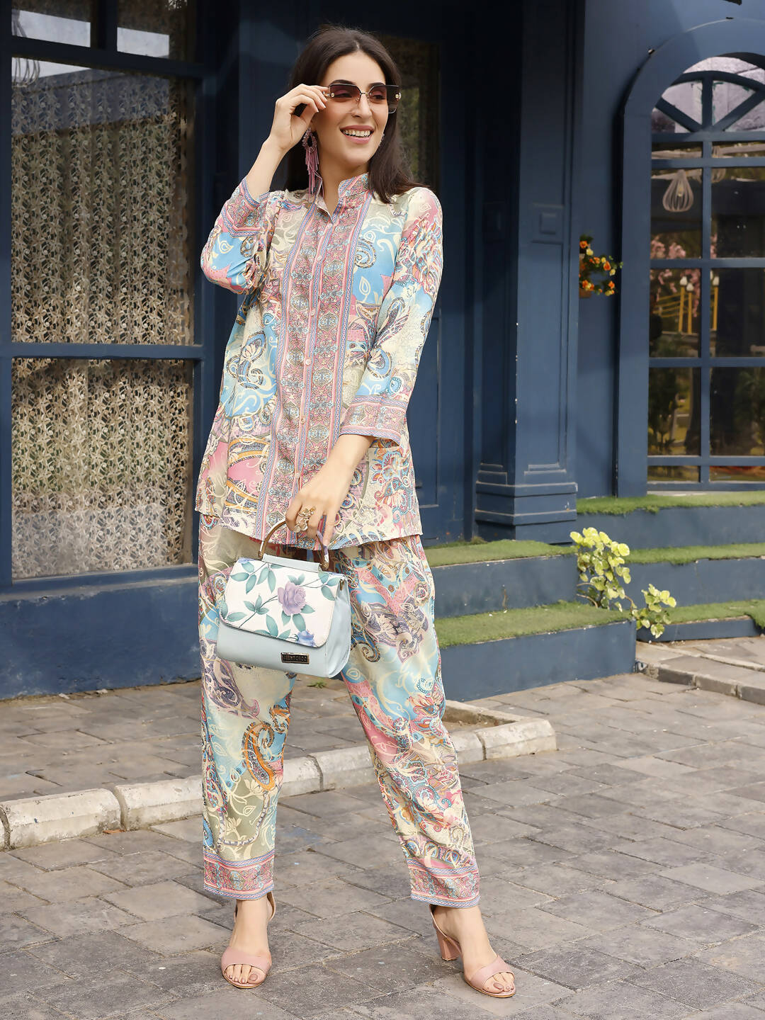 Beige & Pink Rayon Paisley Printed Top with Matching Bottom - Eesha - Distacart