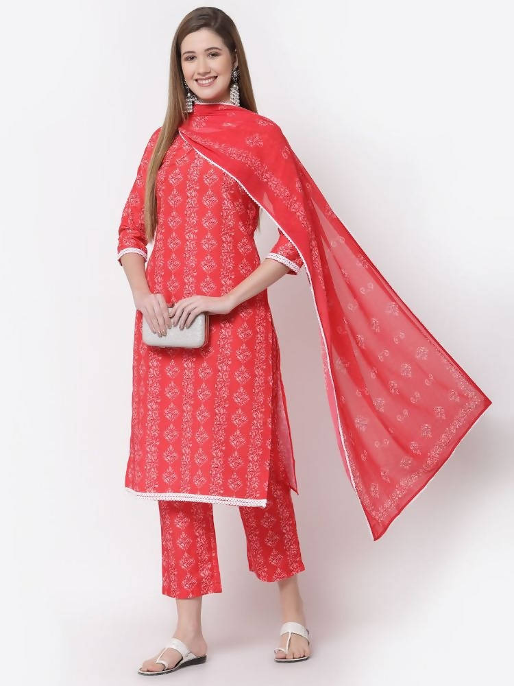 Myshka Red Color Cotton Printed Kurta With Pant Dupatta Set