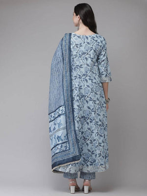 Yufta Women Blue Floral Printed Regular Pure Cotton Kurta with Trouser With Dupatta