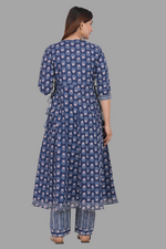 Thumbnail for House of RP Women's Blue Cotton Floral Yoke Embroidered Anarkali Kurta & Pant Set - Distacart