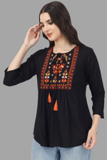 Thumbnail for House of RP Women Black Rayon Embroidered Flared Tunic - Distacart