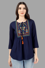 Thumbnail for House of RP Women Blue Rayon Embroidered Flared Tunic - Distacart