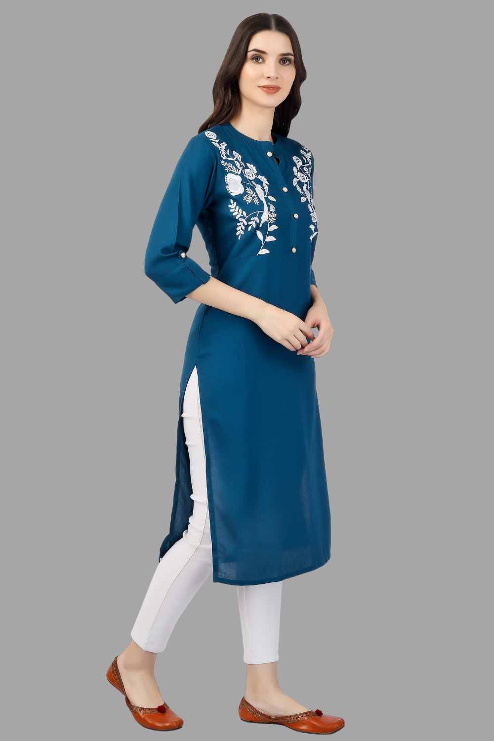 House of RP Women's Light Blue Rayon Chicken Embroidered Straight Kurta - Distacart