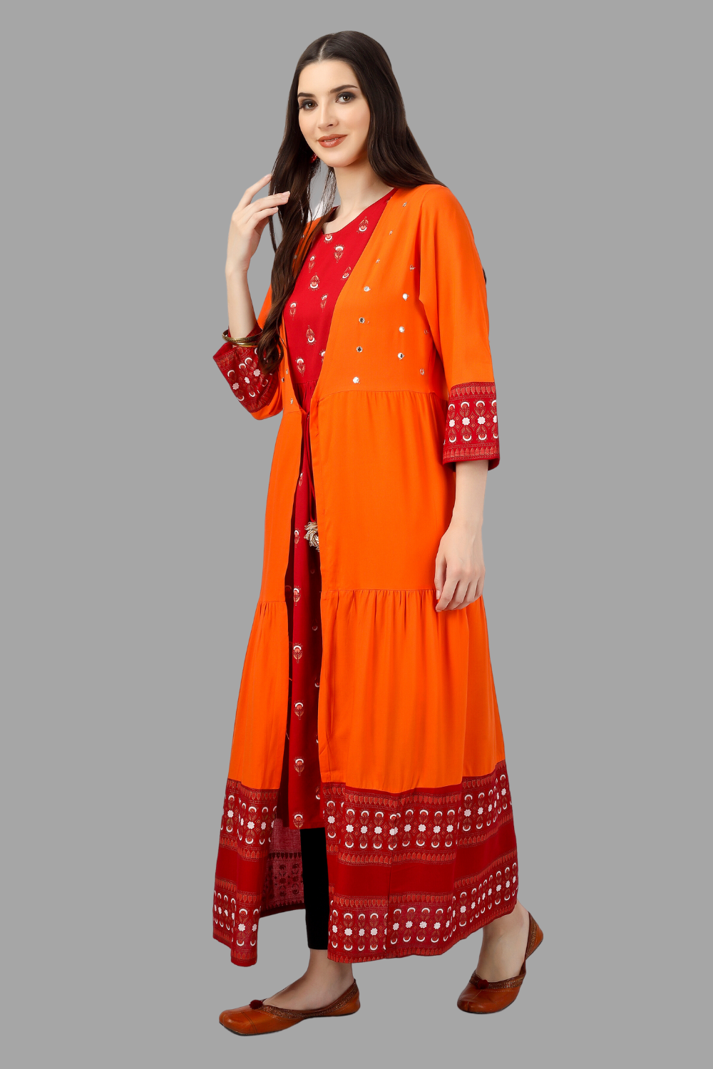 House of RP Women's Red Rayon Embroidered Circular Kurta with Shurg - Distacart