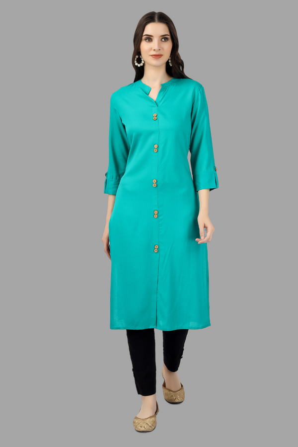 House of RP Women's Turquoise Rayon Solid Frontslit Straight Kurta - Distacart