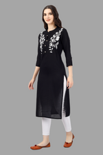 Thumbnail for House of RP Women's Black Rayon Chicken Embroidered Straight Kurta - Distacart