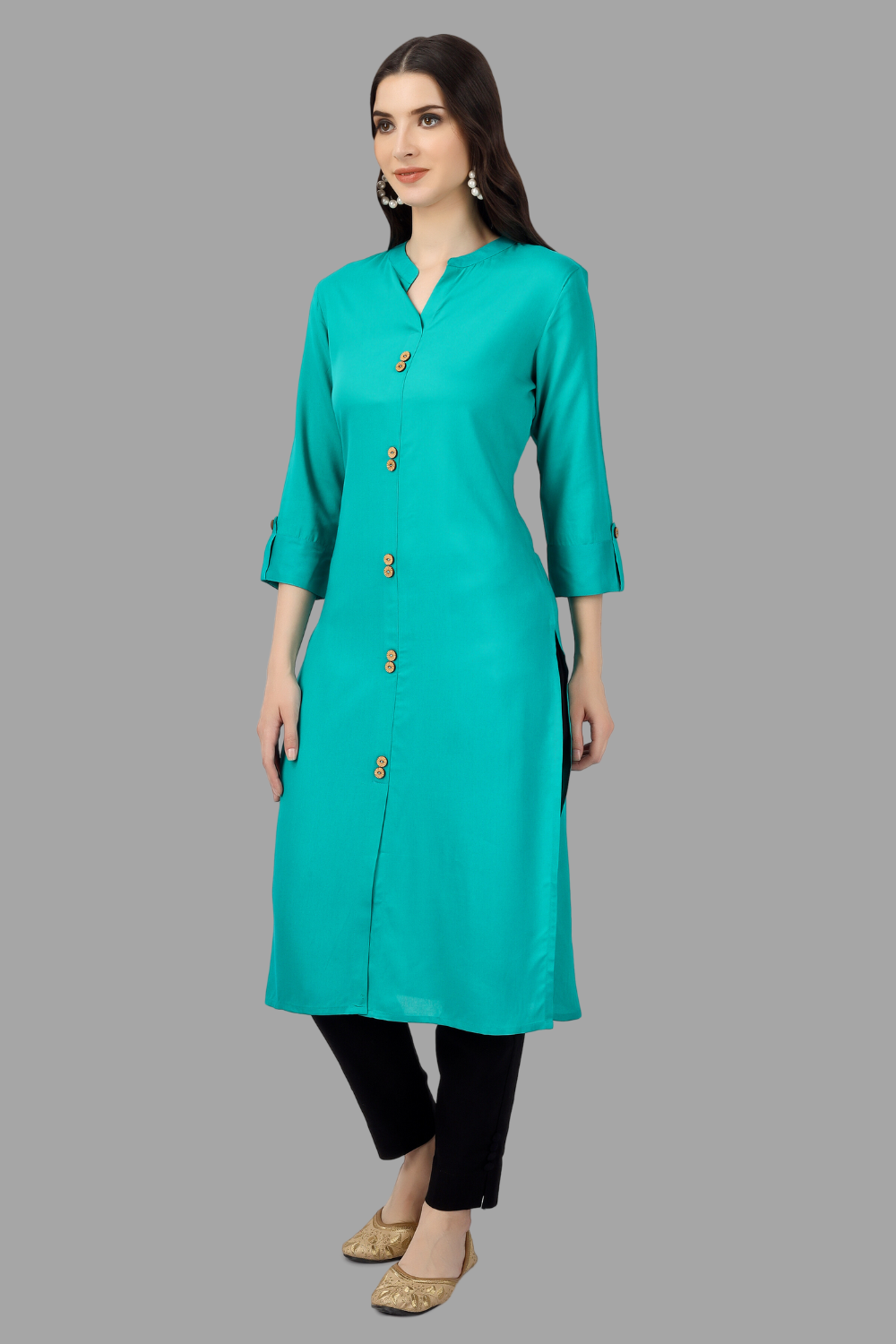 House of RP Women's Turquoise Rayon Solid Frontslit Straight Kurta - Distacart