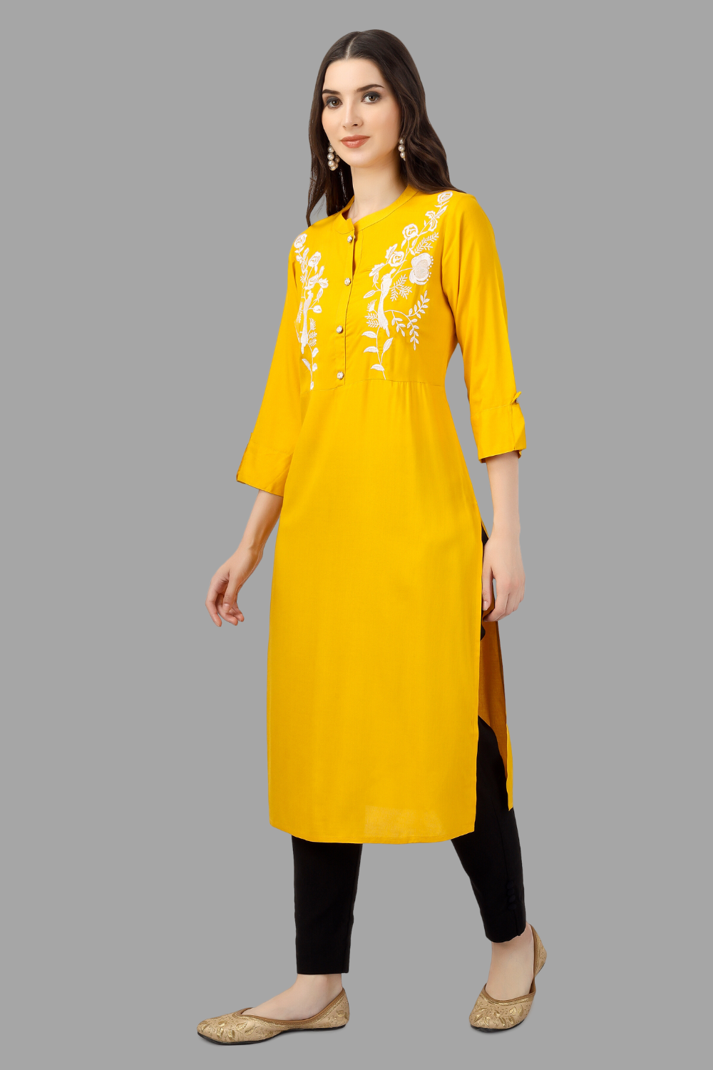 House of RP Women's Yellow Rayon Chicken Embroidered Straight Kurta - Distacart