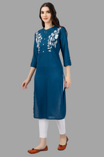 Thumbnail for House of RP Women's Light Blue Rayon Chicken Embroidered Straight Kurta - Distacart