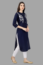 Thumbnail for House of RP Women's Blue Rayon Chicken Embroidered Straight Kurta - Distacart