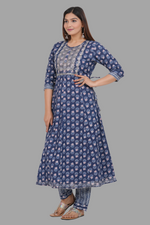 Thumbnail for House of RP Women's Blue Cotton Floral Yoke Embroidered Anarkali Kurta & Pant Set - Distacart