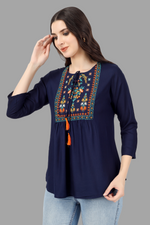Thumbnail for House of RP Women Blue Rayon Embroidered Flared Tunic - Distacart