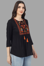 Thumbnail for House of RP Women Black Rayon Embroidered Flared Tunic - Distacart