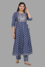 Thumbnail for House of RP Women's Blue Cotton Floral Yoke Embroidered Anarkali Kurta & Pant Set - Distacart