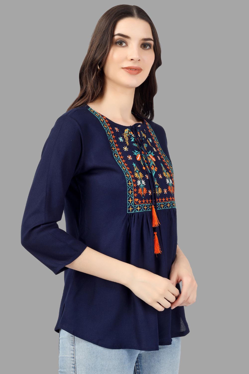 House of RP Women Blue Rayon Embroidered Flared Tunic - Distacart