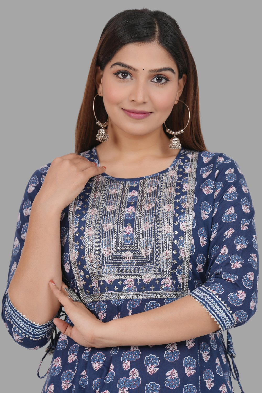 House of RP Women's Blue Cotton Floral Yoke Embroidered Anarkali Kurta & Pant Set - Distacart