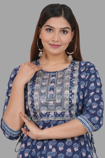 Thumbnail for House of RP Women's Blue Cotton Floral Yoke Embroidered Anarkali Kurta & Pant Set - Distacart