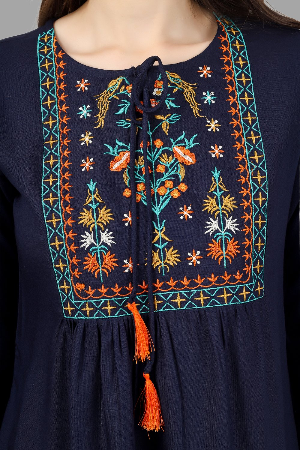 House of RP Women Blue Rayon Embroidered Flared Tunic - Distacart