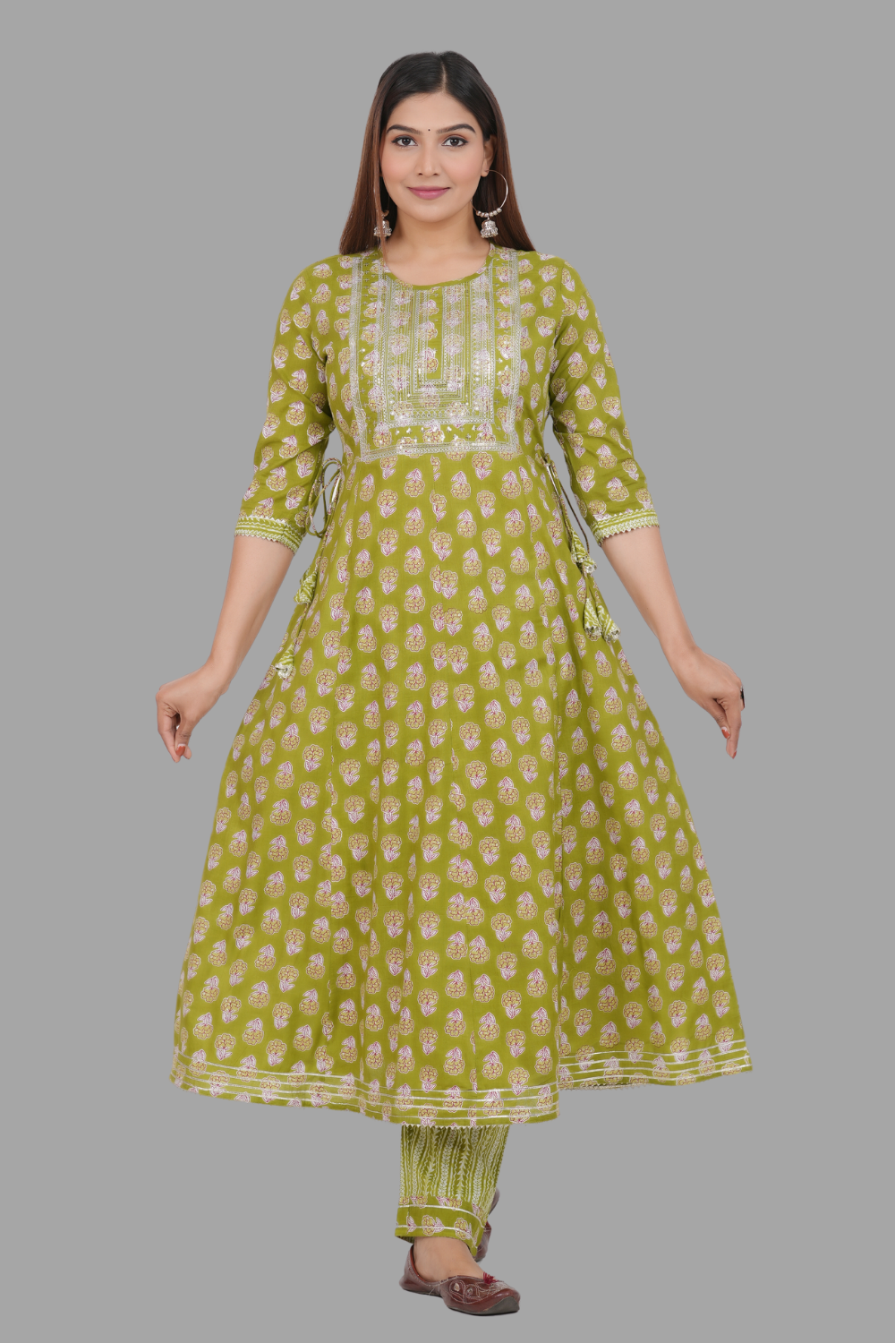 House of RP Women's Green Cotton Floral Yoke Embroidered Anarkali Kurta & Pant Set - Distacart