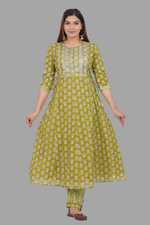 Thumbnail for House of RP Women's Green Cotton Floral Yoke Embroidered Anarkali Kurta & Pant Set - Distacart