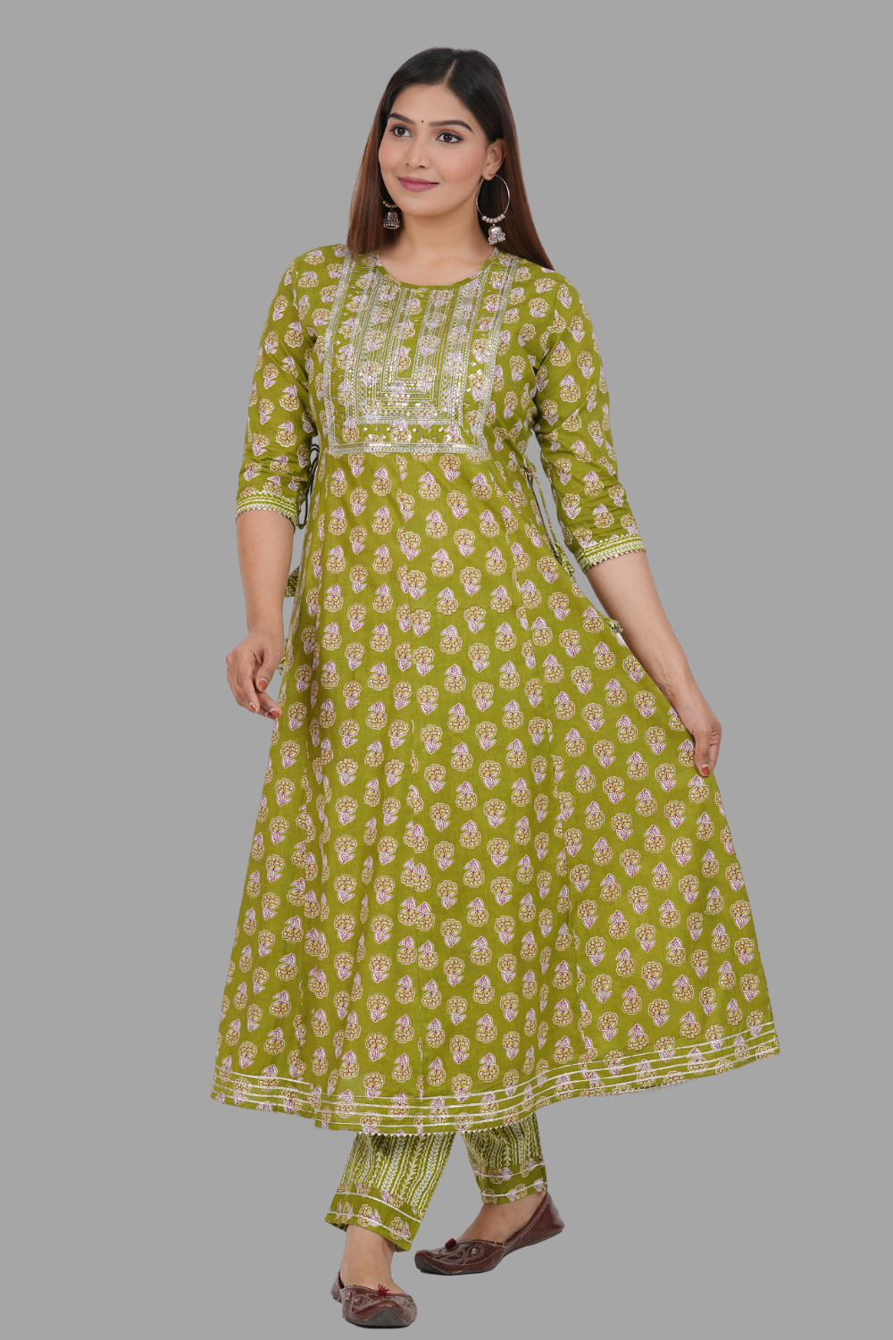 House of RP Women's Green Cotton Floral Yoke Embroidered Anarkali Kurta & Pant Set - Distacart