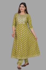 Thumbnail for House of RP Women's Green Cotton Floral Yoke Embroidered Anarkali Kurta & Pant Set - Distacart