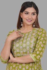 Thumbnail for House of RP Women's Green Cotton Floral Yoke Embroidered Anarkali Kurta & Pant Set - Distacart