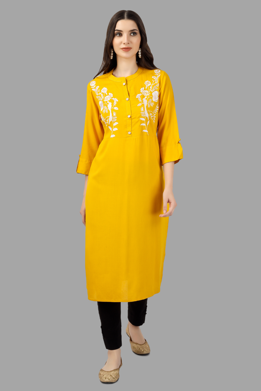 House of RP Women's Yellow Rayon Chicken Embroidered Straight Kurta - Distacart