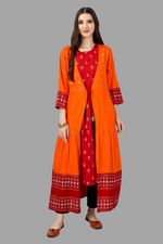Thumbnail for House of RP Women's Red Rayon Embroidered Circular Kurta with Shurg - Distacart