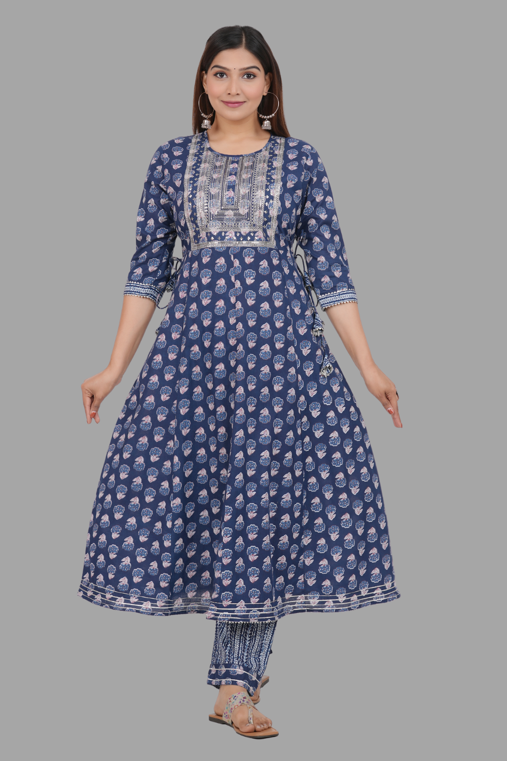 House of RP Women's Blue Cotton Floral Yoke Embroidered Anarkali Kurta & Pant Set - Distacart