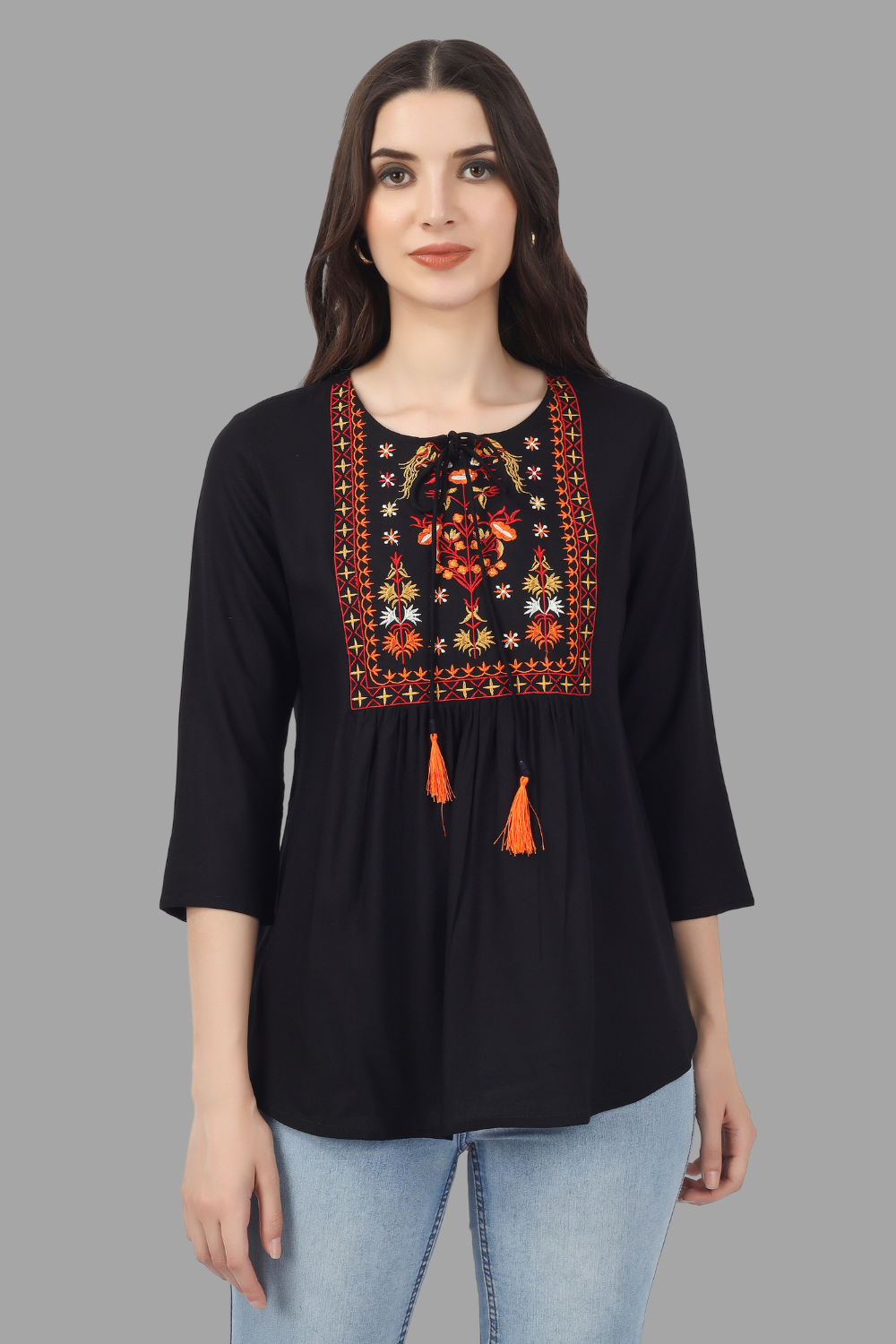 House of RP Women Black Rayon Embroidered Flared Tunic - Distacart
