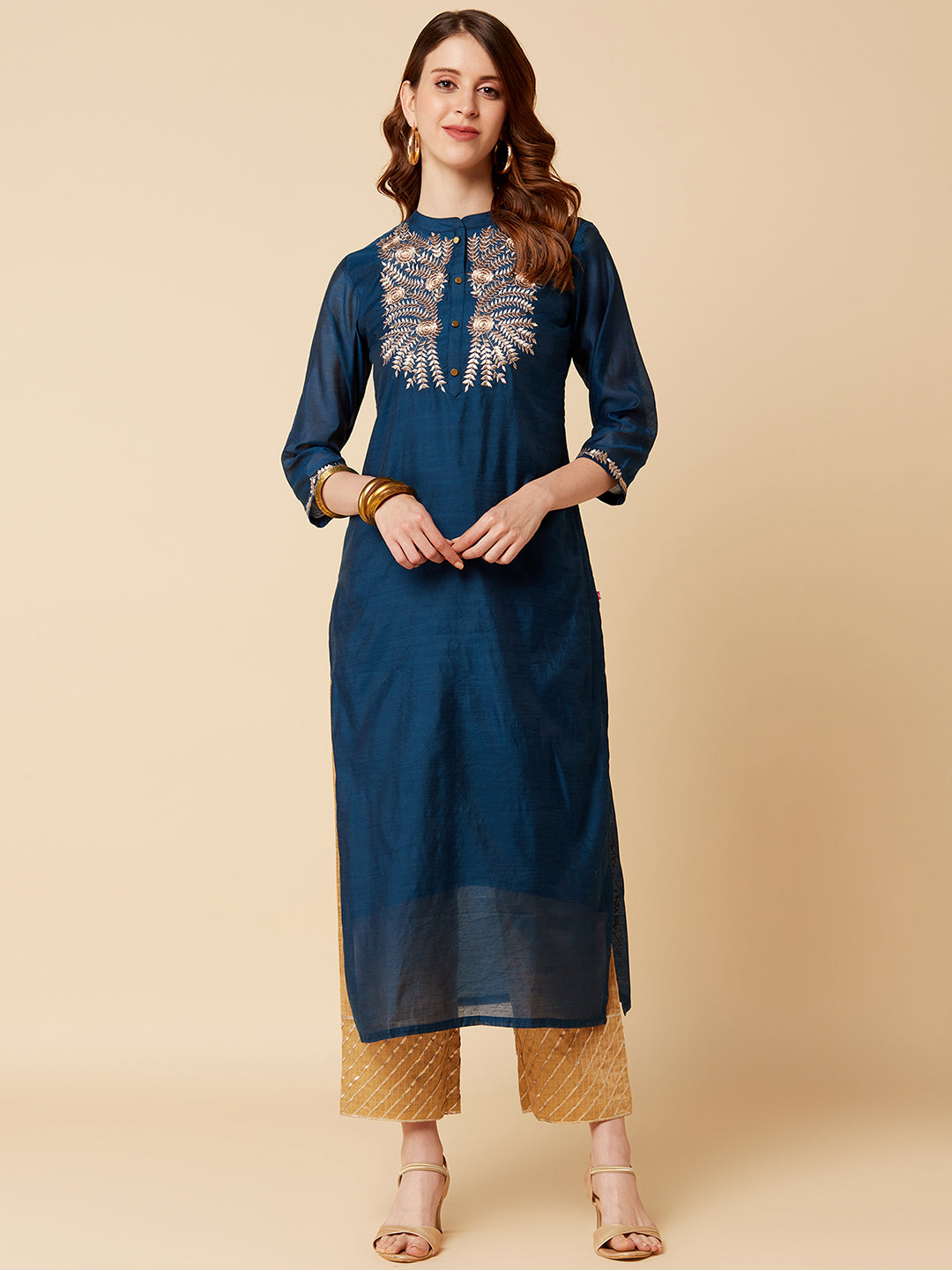 Varanga Women Teal Blue & Silver Embroidered Yoke Design Straight Kurta - Distacart