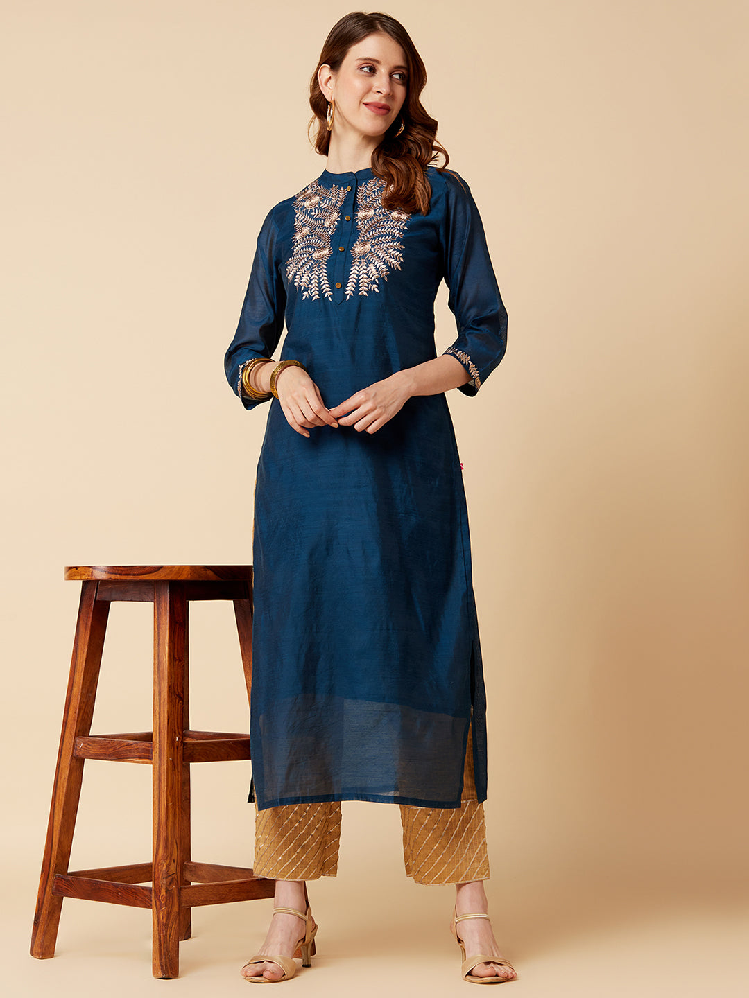 Varanga Women Teal Blue & Silver Embroidered Yoke Design Straight Kurta - Distacart