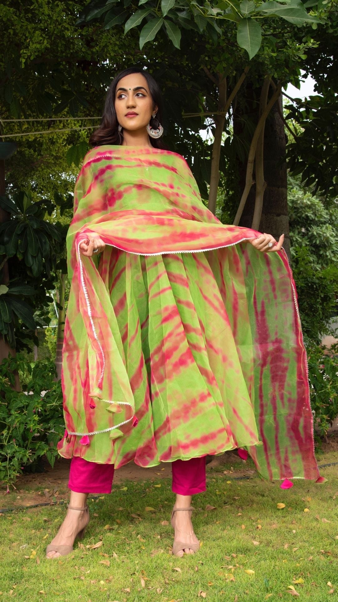 Pomcha Jaipur Tie And Dye Green Organza Anarkali Set - Distacart