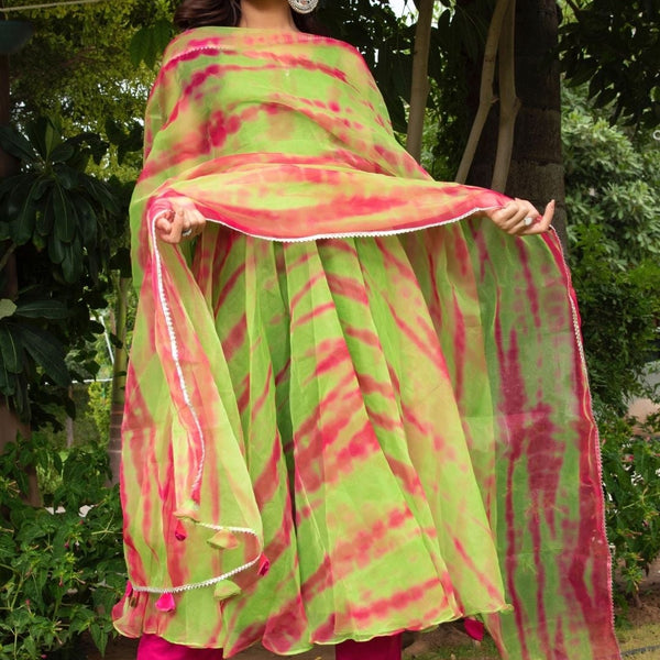Pomcha Jaipur Tie And Dye Green Organza Anarkali Set - Distacart