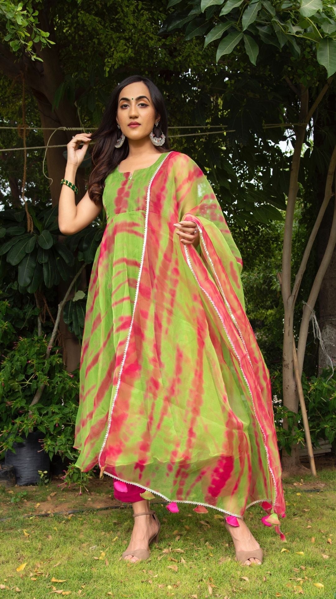 Pomcha Jaipur Tie And Dye Green Organza Anarkali Set - Distacart