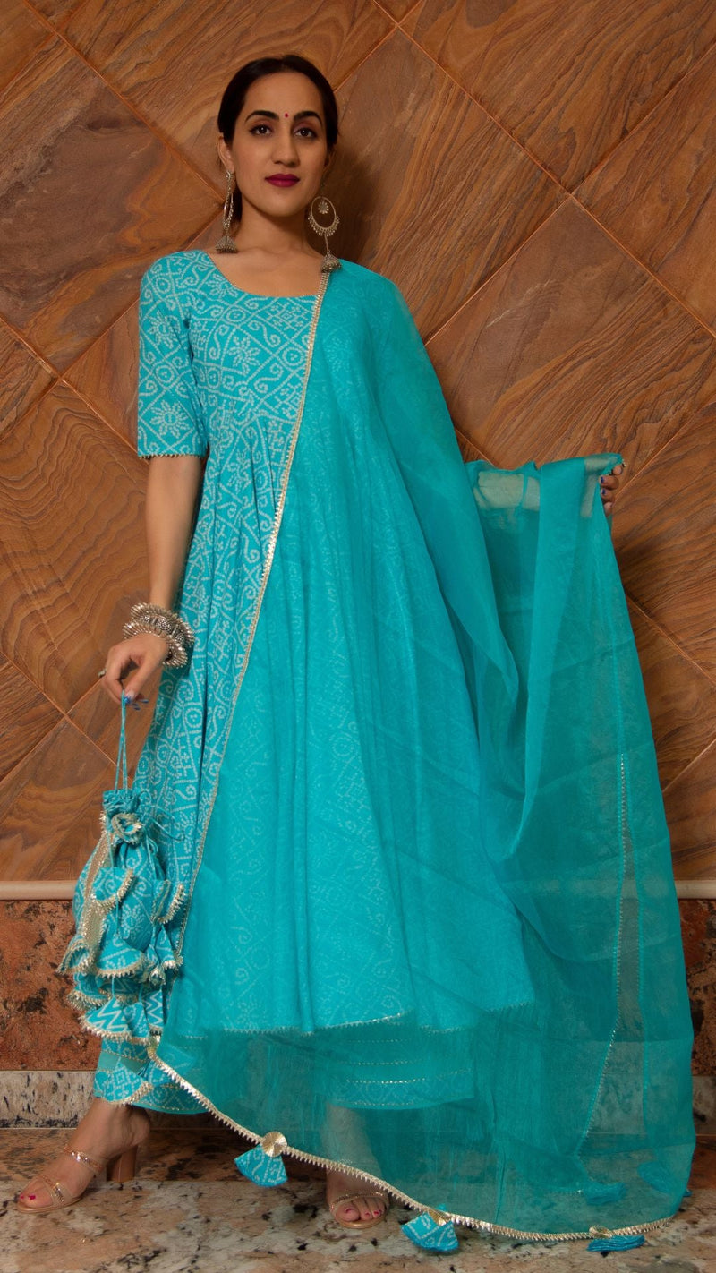 Pomcha Jaipur Bandhej Blue Cotton Anarkali Set - Distacart
