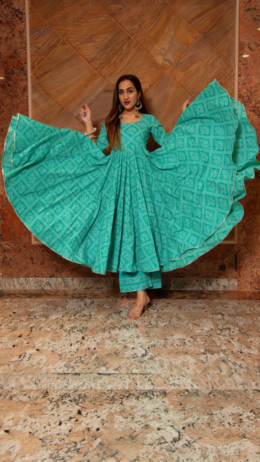 Pomcha Jaipur Bandhej Tiffany Blue Cotton Anarkali Set - Distacart