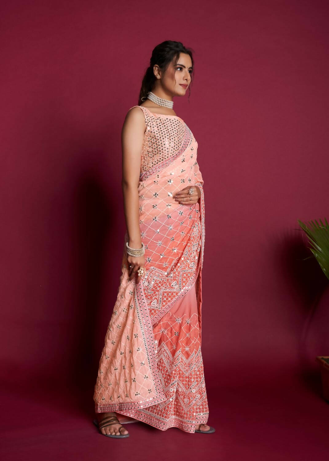 Vamsee Peach & White Georgette Designer Saree - Distacart