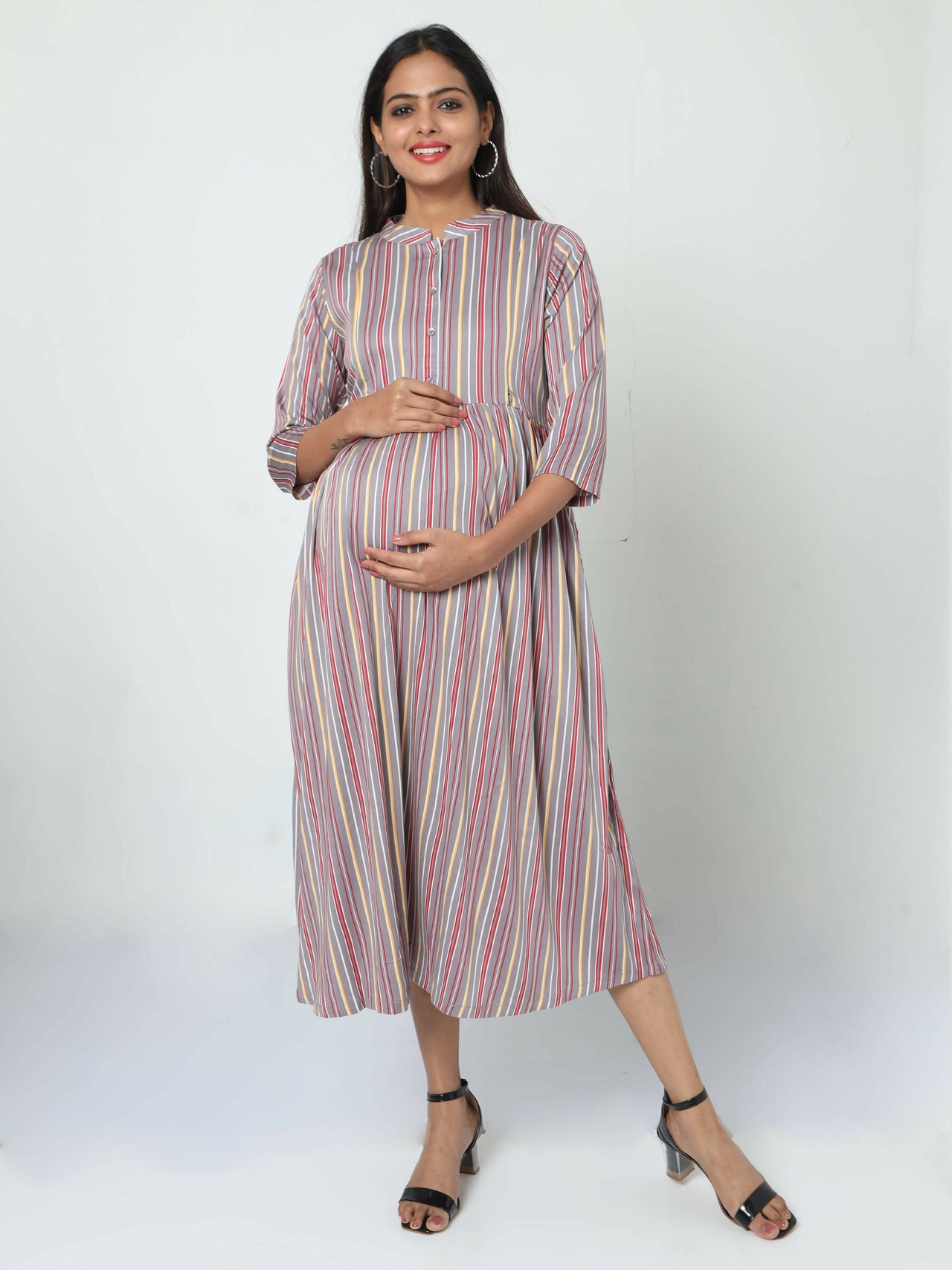 Manet Three Fourth Maternity Dress Striped With Concealed Zipper Nursing Access - Grey - Distacart
